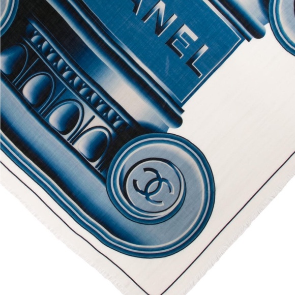 Chanel Cashmere Interlocking CC Logo Authentic Lge Scarf Blue White Wrap Printed - Picture 3 of 4